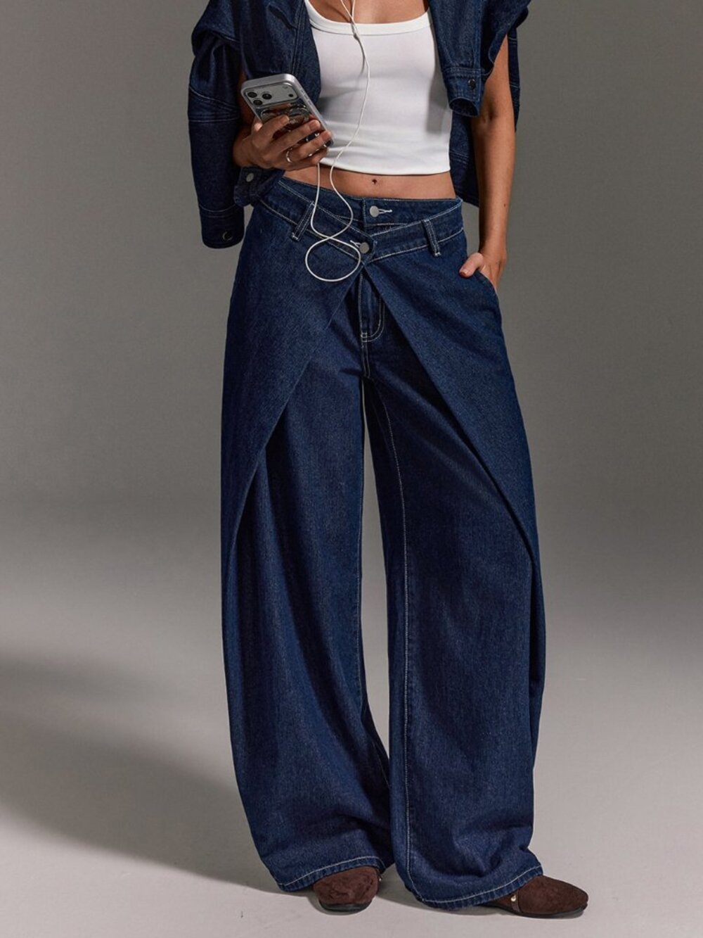 Dark Wash Elegant Women's Wide Leg Loose Casual Denim Jeans